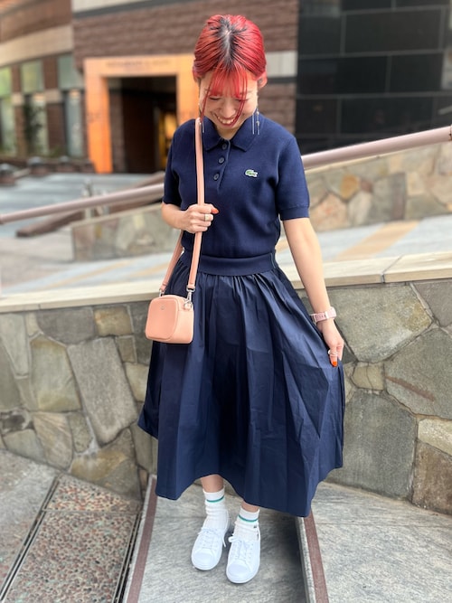 セール】異素材切り替え コンビネーションマテリアルポロドレス フレア