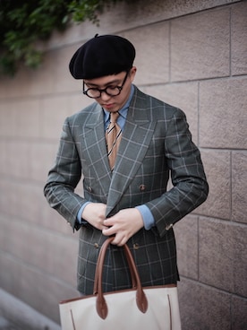 「西裝外套」｜「アイテム（ハンチング/ベレー帽）」を使った、Louis Chungさん（メンズ・168cm）の冬コーディネート