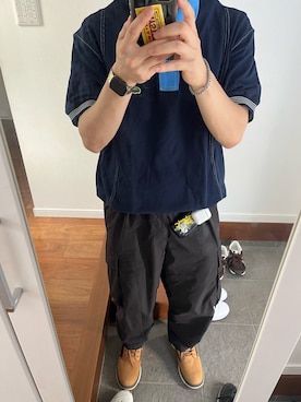 「LACOSTE（ラコステ）のアイテム（ポロシャツ、ブルー系）」を使った、パンナコッタさん（メンズ・165cm）の秋コーディネート