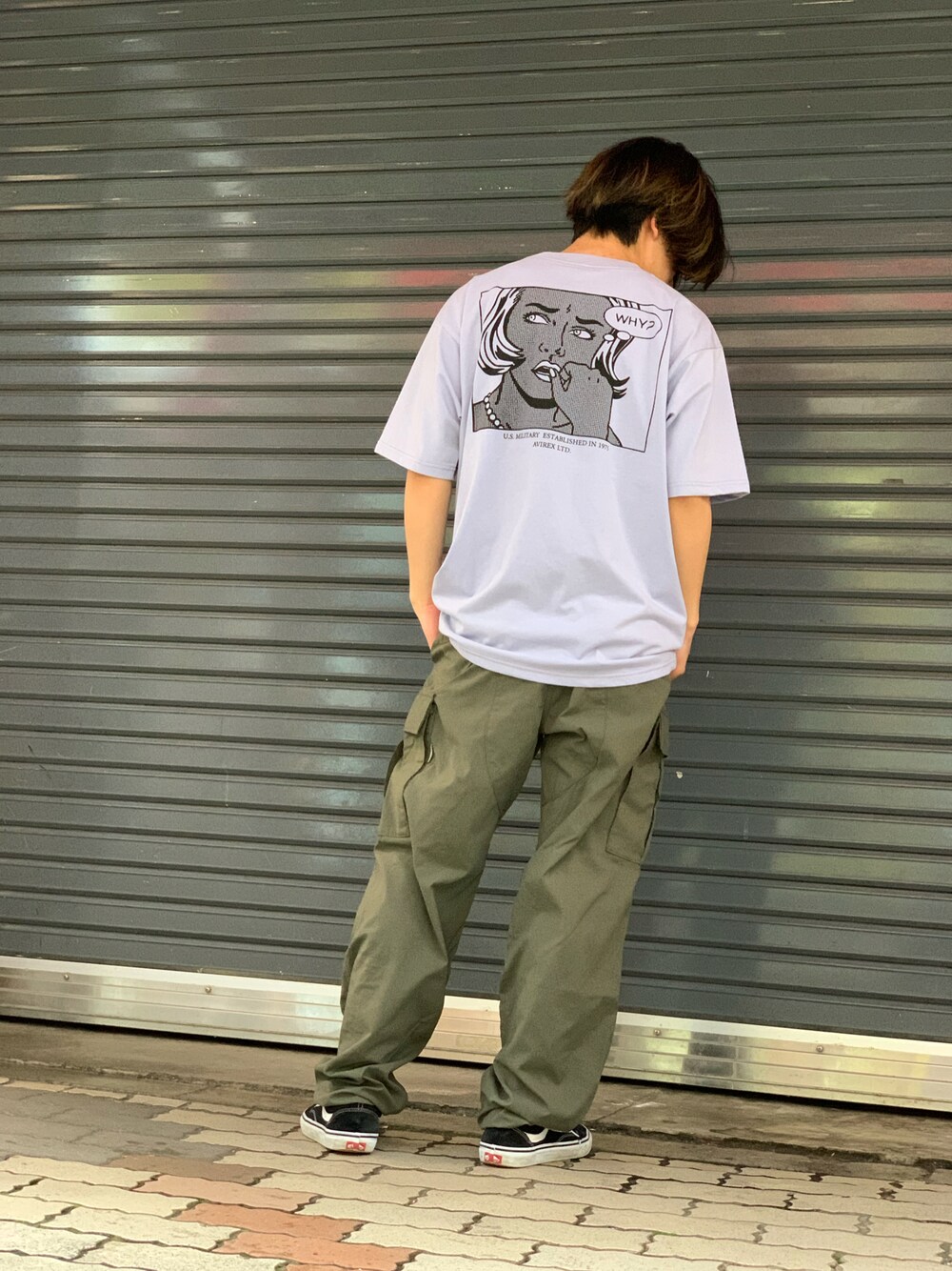 「AVIREX、シンプルコーデ、低身長、低身長コーデ、夏コーデ、夏、パステルカラー、くすみカラー、Tシャツ、カットソー、カーゴパンツ、カーキ、ファッションの力を信じよう」｜「AVIREXのアイテム（Tシャツ/カットソー、ブルー系）」を使った、INOUEさん（メンズ・164cm）の春コーディネートの1枚目の写真