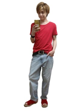 「American Eagle（アメリカンイーグル）のアイテム（Tシャツ/カットソー、レッド系）」を使った、Jun'ichiさん（メンズ・165cm）の夏コーディネート