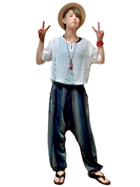 「不明のアイテム（ハット、ベージュ系）」を使った、Jun'ichiさん（メンズ・165cm）の夏コーディネート