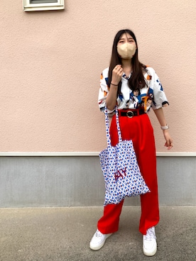 「HAYのアイテム（トートバッグ、ブルー系）」を使った、江川英龍のフランスパンさん（レディース・159cm）の秋コーディネート