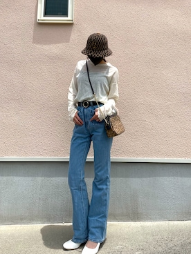 「CA4LA（カシラ）のFLAG HAT（ハット、ベージュ系）」を使った、江川英龍のフランスパンさん（レディース・159cm）の夏コーディネート