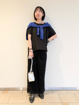 「ITEMS URBANRESEARCH（アイテムズ アーバンリサーチ）のクロシェパンツ（その他パンツ、ブラック系）」を使った、くろみーさん（レディース・168cm）の夏コーディネート