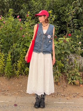 「VINTAGE（ヴィンテージ）のアイテム（ベスト、ブルー系）」を使った、manaさん（レディース・166cm）の夏コーディネート