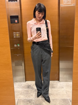 「leimn（レイムン）の【シアーポロシャツ】（ポロシャツ、ピンク系）」を使った、manaさん（レディース・166cm）の春コーディネート