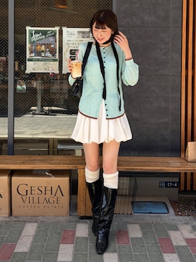 「leimn（レイムン）のシアーリブパフスリーブカーディガン（カーディガン/ボレロ、グリーン系）」を使った、manaさん（レディース・166cm）の春コーディネート