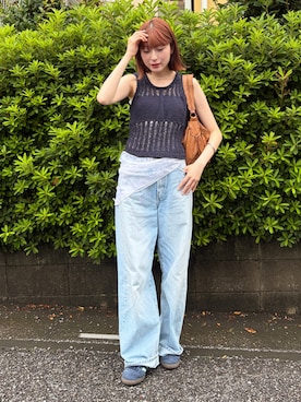 「leimn（レイムン）のメッシュニットベスト（ベスト、ブルー系）」を使った、manaさん（レディース・166cm）の夏コーディネート