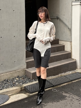 「EVOL（イーボル）の【EVOL】フレアワイドシャフトロングブーツ IX5497（ブーツ、ブラック系）」を使った、manaさん（レディース・166cm）の秋コーディネート