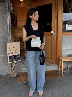 「pocket（ポケット）のフリルティアードベスト（シャツ/ブラウス、ブラック系）」を使った、eriさん（レディース・163cm）の夏コーディネート