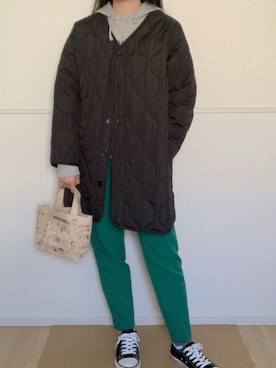 「パーカー」｜「アイテム（ノーカラーコート）」を使った、みさわたさん（レディース・154cm）の冬コーディネート