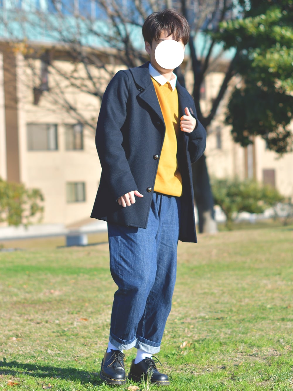 「のび太くんコーデ、クリスマスに着たい服、カジュアル、シンプルコーデ、デニム、おしゃれさんと繋がりたい」｜「GUのシェフパンツ(インディゴ)（パンツ、ブルー系）」を使った、Naooさん（メンズ・163cm）の冬コーディネートの1枚目の写真