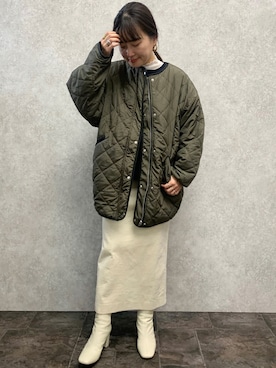 「EUCLAID（エウクレイド）のアイテム（ノーカラージャケット）」を使った、AIさん（レディース・158cm）の冬コーディネート
