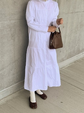「fifth calin（フィフスカラン）のジュリエットスリーブノーカラーシャツワンピース（ワンピース）」を使った、mairaさん（レディース・156cm）の夏コーディネート