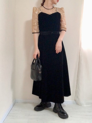 【お値下げしました】【美品】Leja ビスチェ風ウエストベルト付きドレス M 当日発送】ビスチェ風ハイネック花柄シアーレースワッフル