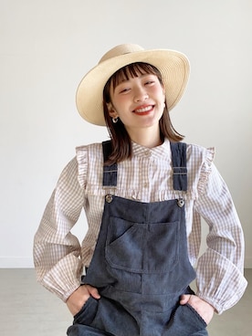 「ノーカラーシャツ」｜「アイテム（オールインワン・サロペット）」を使った、mizukiさん（レディース・160cm）の冬コーディネート