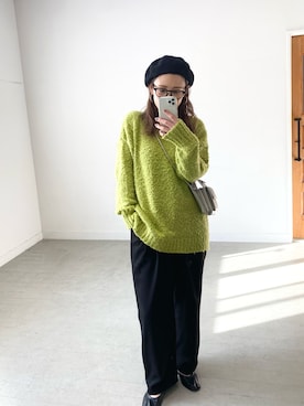 「スラックスパンツ」｜「アイテム（ハンチング/ベレー帽）」を使った、mizukiさん（レディース・160cm）の冬コーディネート