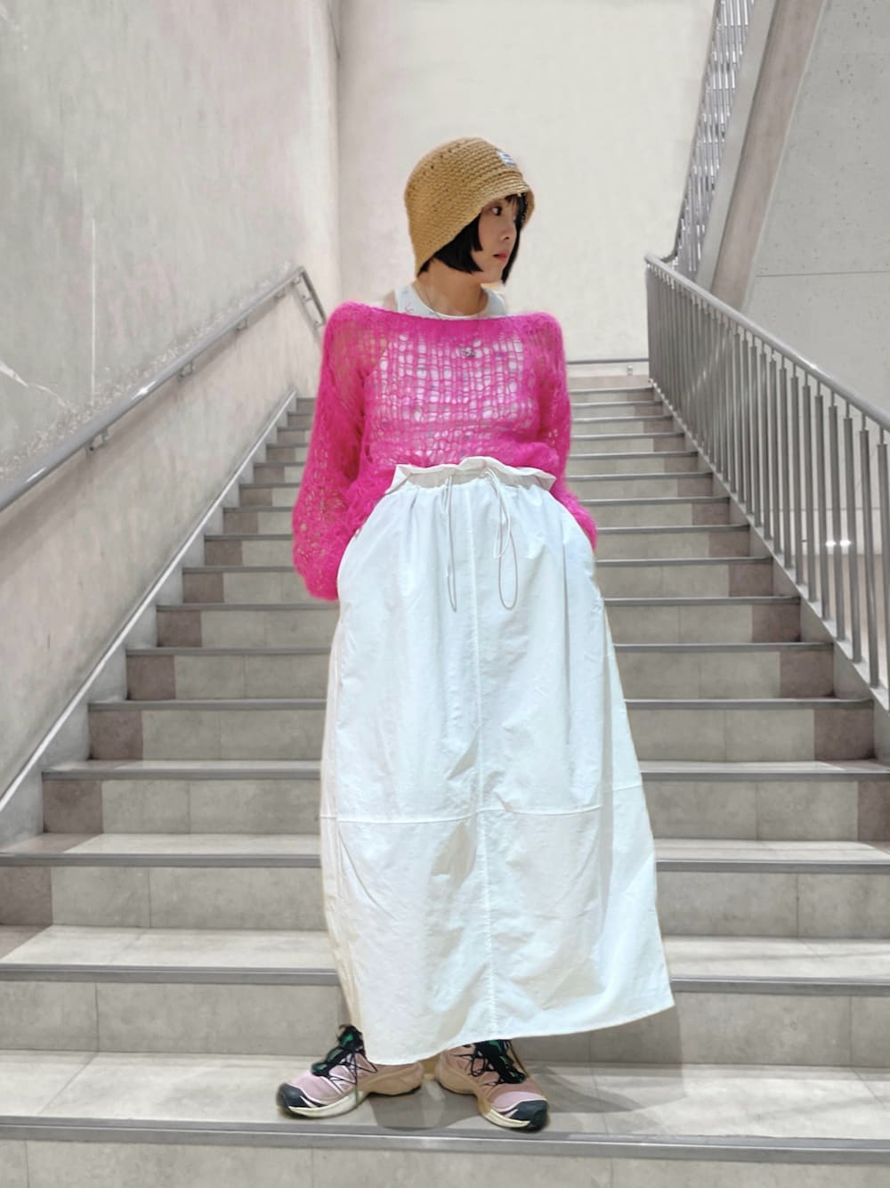 「Happy Johnのnylon cocoon skirt/ナイロンコクーンスカート（スカート、ホワイト系）」を使った、Momoさん（レディース・160cm）の夏コーディネートの1枚目の写真