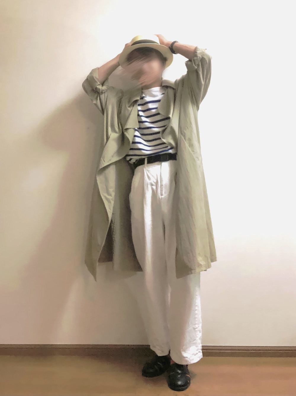 「カジュアルコーデ、シンプルコーデ、夏、ラフ、リラックススタイル、大人コーデ、ボーダー、ベージュ、グルカサンダル、カンカン帽、麦わら帽子、プチプラ、大学生、FUDGEBOYのトラッドスタイル」｜「JOURNAL STANDARD relumeの【3XL】 NAVAL BORDER/ボーダーTシャツ（Tシャツ/カットソー、ブルー系）」を使った、木豆寸さん（メンズ・170cm）の春コーディネートの1枚目の写真