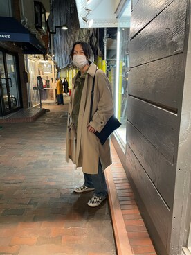 「A4A（エーフォーエー）のアイテム（ステンカラーコート）」を使った、まことさん（メンズ・169cm）の春コーディネート