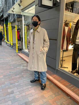 「A4A（エーフォーエー）のアイテム（ステンカラーコート）」を使った、まことさん（メンズ・169cm）の春コーディネート