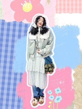 「CIAOPANIC（チャオパニック）の【＠yuna_maruu企画】【Me＋Me/ミープラスミー】デニムフリルバック（バッグ、ブルー系）」を使った、yukoさん（レディース・166cm）の春コーディネート