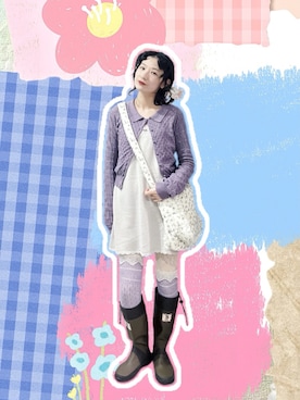 「TINA：JOJUN（ティーナジョジュン）のヴィンテージライク ニット ジャンスカ TINA：JOJUN（ジャンパースカート、パープル系）」を使った、yukoさん（レディース・166cm）の春コーディネート