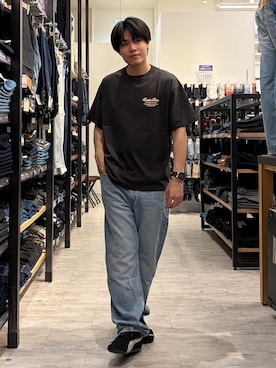 「Right-on（ライトオン）のフードプリントTシャツ（Tシャツ/カットソー、ブラック系）」を使った、Right-on  よしきさん（メンズ・175cm）の夏コーディネート