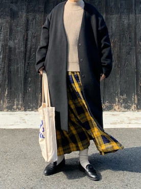 「LOWRYS FARM（ローリーズファーム）のアイテム（ノーカラーコート）」を使った、machikoさん（レディース・155cm）の冬コーディネート