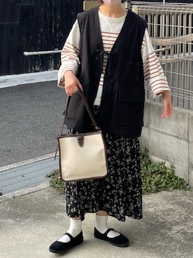 「柄×柄」｜「アイテム（バレエシューズ）」を使った、machikoさん（レディース・155cm）の秋コーディネート