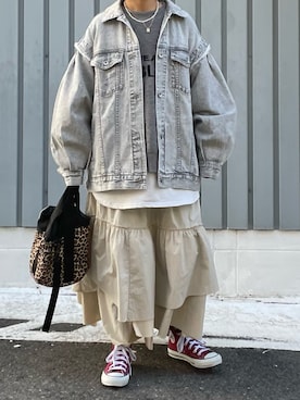 「ティアードスカート」｜「アイテム（デニムジャケット）」を使った、machikoさん（レディース・155cm）の春コーディネート