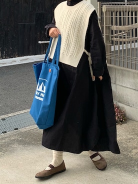 「ケーブルニット」｜「アイテム（シャツワンピース）」を使った、machikoさん（レディース・155cm）の冬コーディネート
