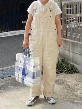 「リネンシャツ」｜「アイテム（オールインワン・サロペット）」を使った、machikoさん（レディース・155cm）の夏コーディネート