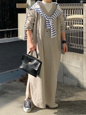「肩掛け」｜「アイテム（シャツワンピース）」を使った、machikoさん（レディース・155cm）の春コーディネート