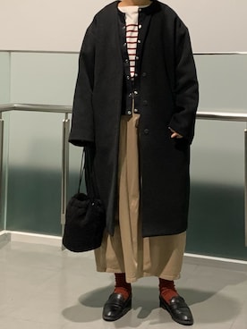 「LOWRYS FARM（ローリーズファーム）のアイテム（ノーカラーコート）」を使った、machikoさん（レディース・155cm）の冬コーディネート