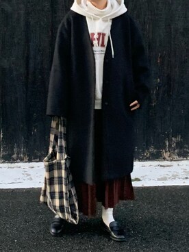 「LOWRYS FARM（ローリーズファーム）のアイテム（ノーカラーコート）」を使った、machikoさん（レディース・155cm）の冬コーディネート