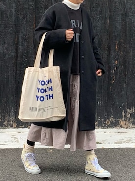 「LOWRYS FARM（ローリーズファーム）のアイテム（ノーカラーコート）」を使った、machikoさん（レディース・155cm）の冬コーディネート