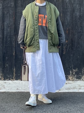 「アイテム（シャツワンピース、ホワイト系）」を使った、machikoさん（レディース・155cm）の冬コーディネート