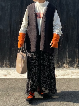 「水玉」｜「アイテム（ベスト）」を使った、machikoさん（レディース・155cm）の冬コーディネート