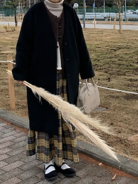 「LOWRYS FARM（ローリーズファーム）のアイテム（ノーカラーコート）」を使った、machikoさん（レディース・155cm）の冬コーディネート