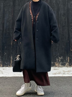 「LOWRYS FARM（ローリーズファーム）のアイテム（ノーカラーコート）」を使った、machikoさん（レディース・155cm）の冬コーディネート