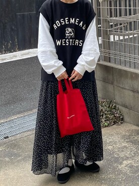 「水玉」｜「アイテム（ベスト）」を使った、machikoさん（レディース・155cm）の春コーディネート