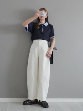 「MONO-MART（モノマート）のフェイクレイヤード 配色 サマーポロニット ＜接触冷感/アンチピリング/マシンウォッシャブル＞（ポロシャツ、ブルー系）」を使った、miiさん（レディース・162cm）の夏コーディネート