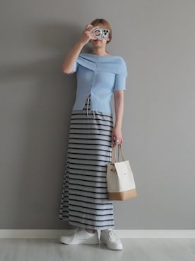 「SENSE OF PLACE by URBAN RESEARCH（センスオブプレイスバイアーバンリサーチ）の『洗濯可』オフショルリブセーター(半袖)（ニット/セーター、ブルー系）」を使った、miiさん（レディース・162cm）の夏コーディネート