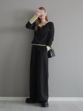 「tiptop（ティップトップ）の【web限定アイテム】配色シアー×ヘンリーネックレイヤードロンT（Tシャツ/カットソー、ブラック系）」を使った、miiさん（レディース・162cm）の春コーディネート