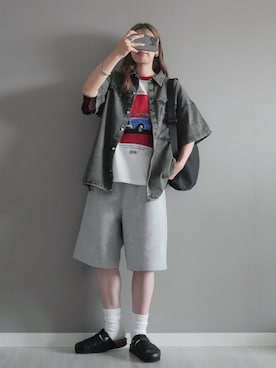 「Starting Over（スターティングオーバー）のFringe denim one point shirt/フリンジデニム ワンポイント刺繍 ドローコード 半袖シャツ（シャツ/ブラウス）」を使った、miiさん（レディース・162cm）の夏コーディネート