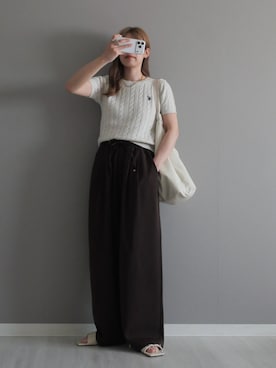 「U.S. POLO ASSN.（ユーエスポロアッスン）のRANAN/solleim別注【U.S.POLO ASSN.】ワンポイント半袖ケーブルニット（ニット/セーター、ホワイト系）」を使った、miiさん（レディース・162cm）の春コーディネート