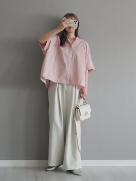 「reca（レカ）の【ZOZOTOWN限定】バンドカラードルマンシャツ（シャツ/ブラウス、ピンク系）」を使った、miiさん（レディース・162cm）の春コーディネート