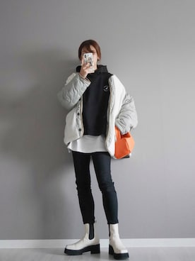 「黒スキニー」｜「アイテム（ノーカラージャケット）」を使った、miiさん（レディース・162cm）の冬コーディネート